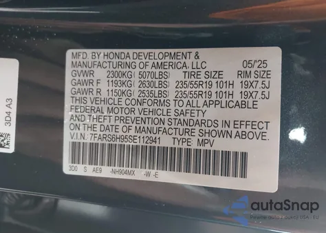 2025 Honda Crv from USA, damaged, VIN 1FARS6H955E112941